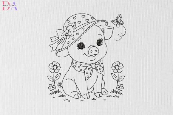 Cute Piglet in Floral Sunhat Garden