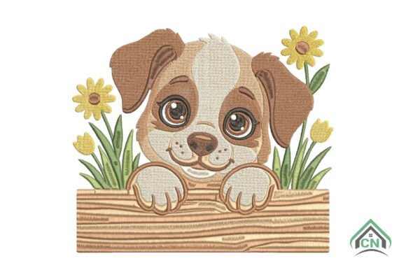 Cute Puppy with Flowers Embroidery
