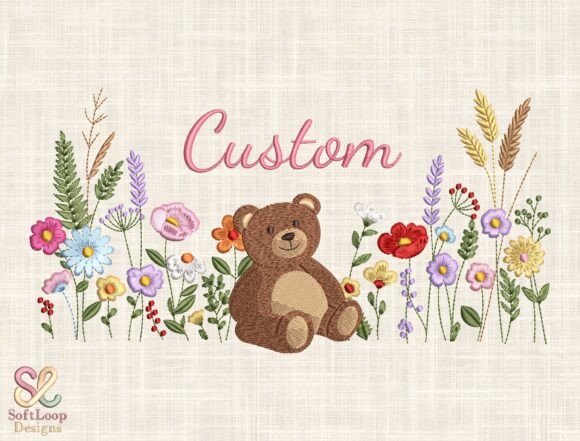Cute Teddy Bear Floral Embroidery Design