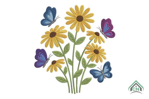 Daisy Flowers Butterflies Embroidery