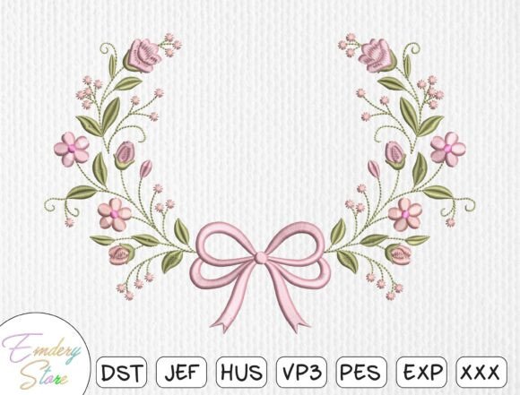 Floral Wreath Bow Embroidery Design
