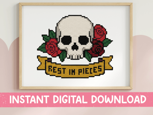 Rest in Pieces Skull Cross Stitch Design